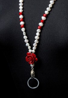 White Pearl & Red Crystal Flower Fashion ID Lanyard