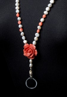 White Pearl & Pink Coral Flower Fashion ID Lanyard